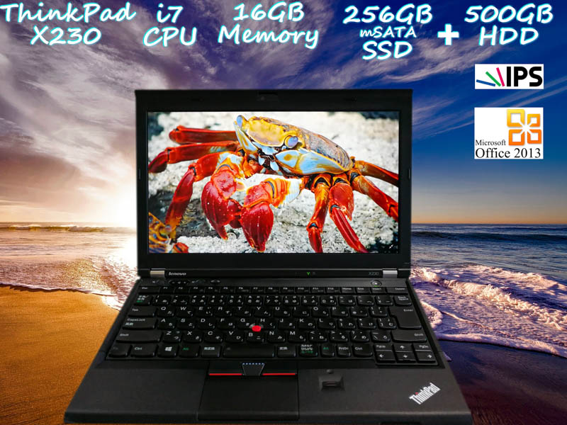 Lenovo ThinkPad X230 i7 16GB  SSD(新品mSATA 256GB)+HDD(500GB) 画面(新品IPS 12.5 1366×768) バッテリ(持続時間5h36m)  カメラ Bluetooth 指紋  Win10 Office 2013
