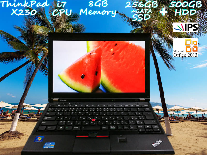 Lenovo ThinkPad X230 i7 8GB  SSD(新品mSATA 256GB)+HDD(500GB) 画面(新品IPS 12.5 1366×768) バッテリ(持続時間6h1m)  Bluetooth 指紋  Win10 Office 2013