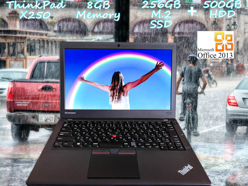 Lenovo ThinkPad X250 i7 8GB  SSD(新品M.2 256GB)+HDD(500GB) 画面(12.5 1366×768) バッテリ(2基搭載  7h39m) カメラ Bluetooth 指紋  外装は新品 Win10 Office 2013