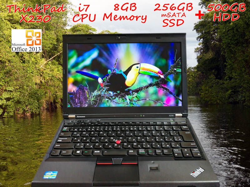 Lenovo ThinkPad X230 i7 8GB  SSD(新品mSATA 256GB)+HDD(500GB) 画面(12.5 1366×768) バッテリ(7h53m) カメラ  Bluetooth 指紋  Win10 Office 2013
