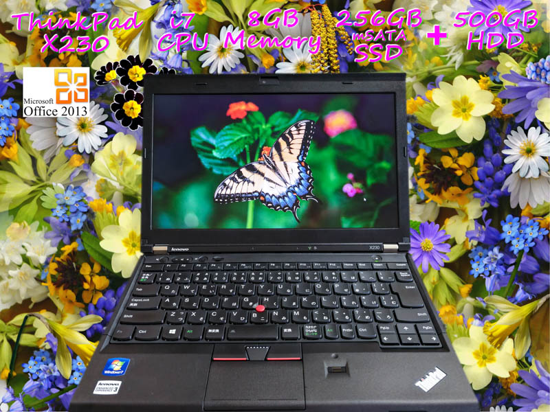 Lenovo ThinkPad X230 i7 8GB  SSD(新品mSATA 256GB)+HDD(500GB) 画面(12.5  1366×768) バッテリ(大容量9h11m) 未使用キーボード カメラ Bluetooth 指紋  Win10 Office 2013