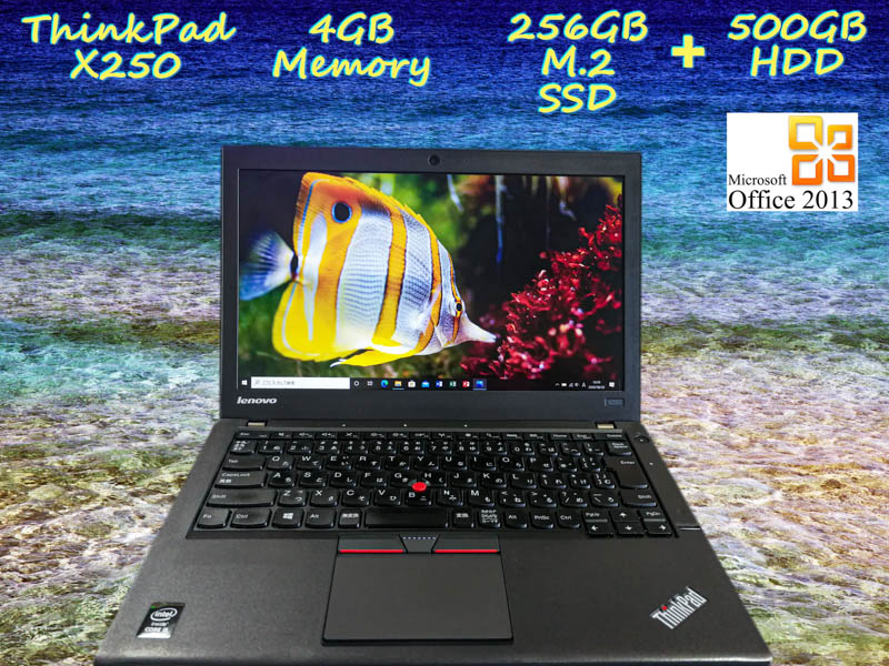 Lenovo ThinkPad X250 i5 4GB  SSD(新品M.2 256GB)+HDD(500GB) 画面(12.5 1366×768) バッテリ(2基搭載  7h8m) カメラ Bluetooth 指紋  Win10 Office 2013