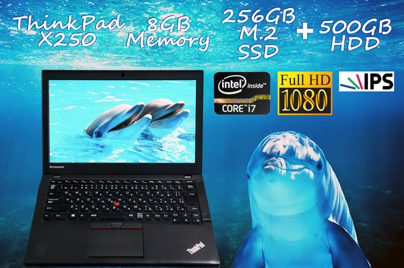 Lenovo ThinkPad X250 i7 8GB SSD(新品M.2 256GB)+HDD(500GB)  画面(新品 fHD IPS 12.5 1920×1080)バッテリ(2基搭載 12h20m) 天板とキーボードは新品 Bluetooth カメラ 指紋 Win10