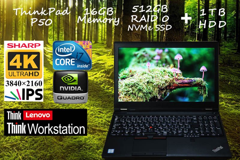 ThinkPad P50 i7 16GB, SSD 512GB RAID 0 +1TB HDD,新品 SHARP 4K UHD IPS 15.6 Quadro M2000M,新品光るKB カメラ Bluetooth 指紋, Win10
