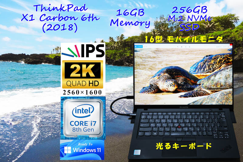 ThinkPad X1 Carbon 2018 6th(i7-8650U 16GB 256GB SSD 光るKB Bluetooth 指紋 Win10)+16型 モバイル モニタ(2K 2560×1600)+カメラ(1080p)
