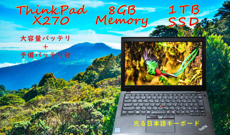 野鳥撮影用 大容量SSD+予備バッテリ, ThinkPad X270 i5-6300U 8GB, 新品 1TB SSD,12.5 IPS 1366×768, 新品 光る日本語KB, Bluetooth Win10
