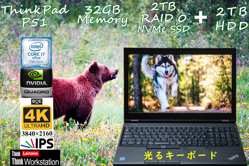 ThinkPad P51 i7 32GB, NVMe SSD 2TB RAID 0+2TB HDD, 新品BOE 4K UHD IPS 15.6, Quadro M2200, 新品光るKB カメラ Bluetooth 指紋, Win10