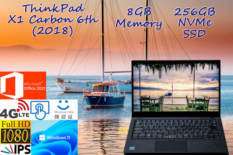 ThinkPad X1 Carbon 2018 6th i5-8350 8GB,256GB NVMe SSD, 新品タッチfHD IPS+顔認証+Sim Free LTE,カメラ Bluetooth 指紋, Office Win11