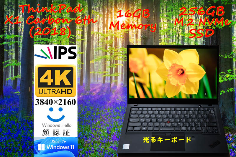 ThinkPad X1 Carbon 2018 6th i5 16GB,256GB NVMe SSD,新品 UHD 4K IPS 3840×2160, 新品 光るKB, IRカメラ Bluetooth 指紋 顔認証, Win11