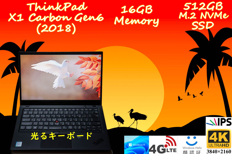 ThinkPad X1 Carbon Gen6 2018 i5-8350U 16GB, 新品 UHD 4K IPS, 新品512GB SSD,Sim Free LTE 未使用KB,IRカメラ Bluetooth 顔 指紋,Win11