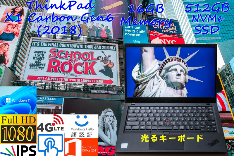 ThinkPad X1 Carbon Gen6 2018 i5 16GB, 512GB SSD,タッチfHD IPS+顔認証+Sim Free LTE,未使用KB カメラ Bluetooth 指紋,Office2021 Win11