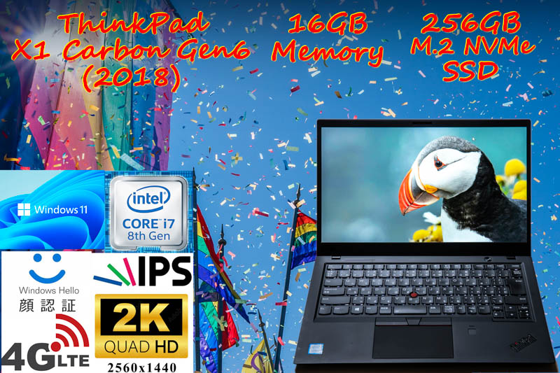 ThinkPad X1 Carbon Gen6 2018 i7-8550U 16GB, 2K WQHD IPS, 超高速256GB SSD, Sim Free LTE 光るKB, IRカメラ Bluetooth 顔 指紋, Win11