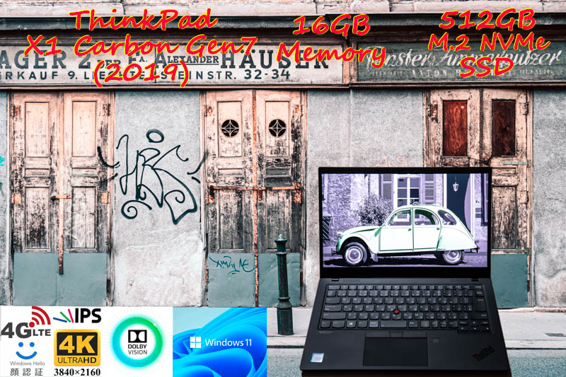 ThinkPad X1 Carbon Gen7 2019 i5-8365U 16GB,新品UHD 4K IPS DolbyVision,新品512GB SSD,Sim Free LTE,顔 指紋 IRカメラ Bluetooth,Win11
