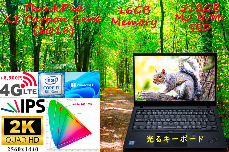 ThinkPad X1 Carbon Gen6 2018 i7-8650U 16GB, 新品 2K WQHD AdobeRGB100%, 超高速 512GB SSD, 光るKB, カメラ Bluetooth 指紋, Win11 Pro