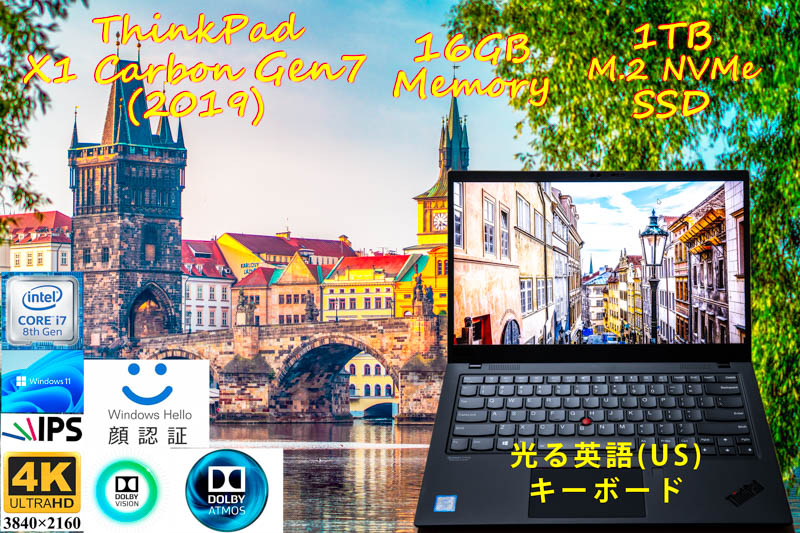 ThinkPad X1 Carbon Gen7 2019 i7-8665U 16GB,新品1TB SSD,4K UHD IPS Dolby Vision,カーボン柄 英語KB IRカメラ 顔 指紋 Bluetooth,Win11