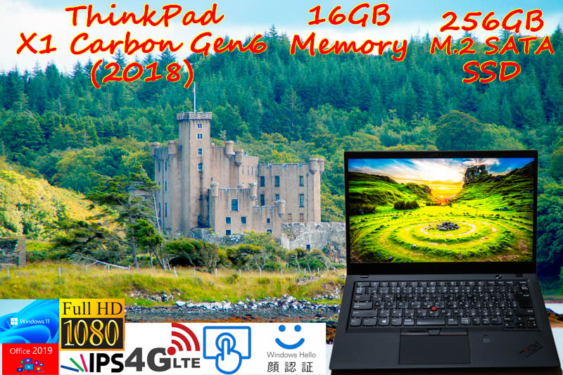 ThinkPad X1 Carbon Gen6 2018 i5-8350U 16GB, M.2 SATA 256GB SSD,タッチfHD IPS+顔認証+Sim Free LTE,カメラ Bluetooth 指紋,Office2019