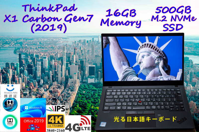 ThinkPad X1 Carbon Gen7 2019 i5-8365U 16GB,500GB SSD,4K UHD IPS Dolby Vision,Sim Free LTE IRカメラ,顔 指紋 Bluetooth,Office Win11