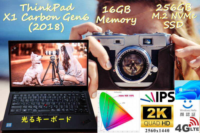 ThinkPad X1 Carbon Gen6 2018 i5-8350U 16GB,超高速256GB SSD, 2K WQHD AdobeRGB 100%+顔認証+Sim Free LTE,カメラ Bluetooth 指紋,Win11
