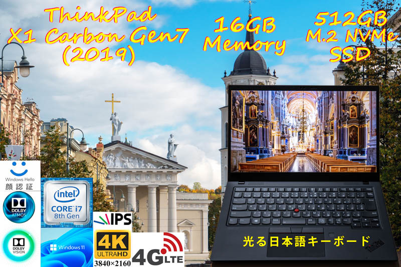 ThinkPad X1 Carbon Gen7 2019 i7-8665U 16GB, 超高速512GB SSD, 新品 4K UHD IPS Dolby Vision,Sim Free LTE,IR 顔 指紋 Bluetooth,Win11