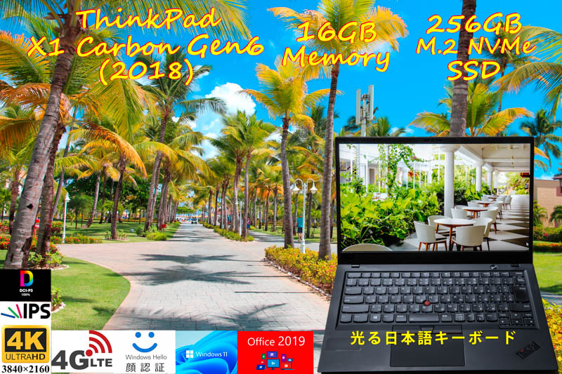 ThinkPad X1 Carbon Gen6 2018 i5-8350U 16GB, 超高速 256GB SSD, 4K UHD IPS DCI-P3 100%, Sim Free LTE, IR 顔 指紋 Bluetooth, Office