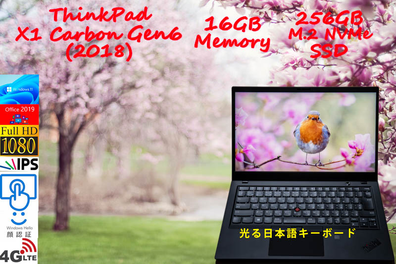 ThinkPad X1 Carbon Gen6 2018 i5-8350U 16GB, 256GB SSD,タッチfHD IPS+顔認証+Sim Free LTE,カメラ Bluetooth 指紋,Office2019 Win11/10