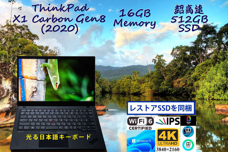 ThinkPad X1 Carbon Gen8 2020 i5-10310U 16GB,超高速512GB SSD,新品 4K UHD DCI-P3 100% Dolby Vision,指紋 カメラ BT,未使用KB,Win11/10