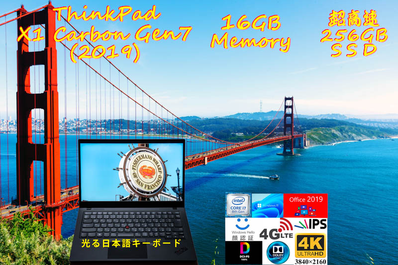 ThinkPad X1 Carbon Gen7 2019 i7-8665U 16GB,超高速256GB SSD,新品 4K UHD DCI-P3 100%,Sim Free LTE,IR 顔 指紋 BT,Office Windows11/10