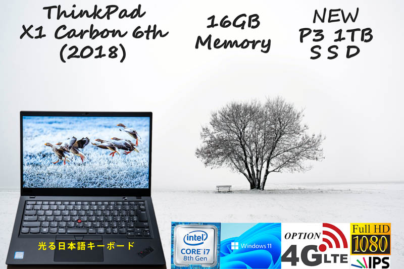 ThinkPad X1 Carbon 6th 2018 i7-8650U 16GB, 新品 超高速大容量 P3 1TB SSD, 明るいfHD IPS, カメラ 指紋 BT, 日本語 KB, Windows11/10