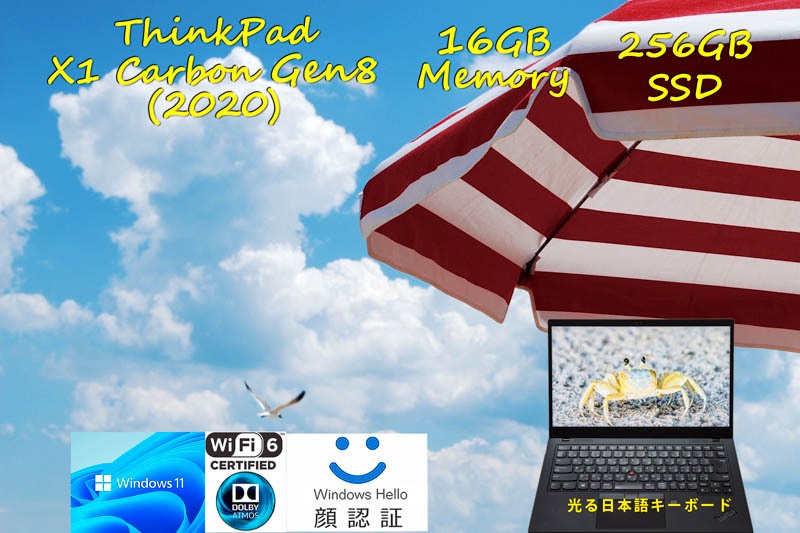 難あり ThinkPad X1 Carbon Gen8 2020 i5-10310U 16GB, 256GB SSD, 明るい画面 fHD IPS, IRカメラ 顔 指紋 BT, Windows11/10