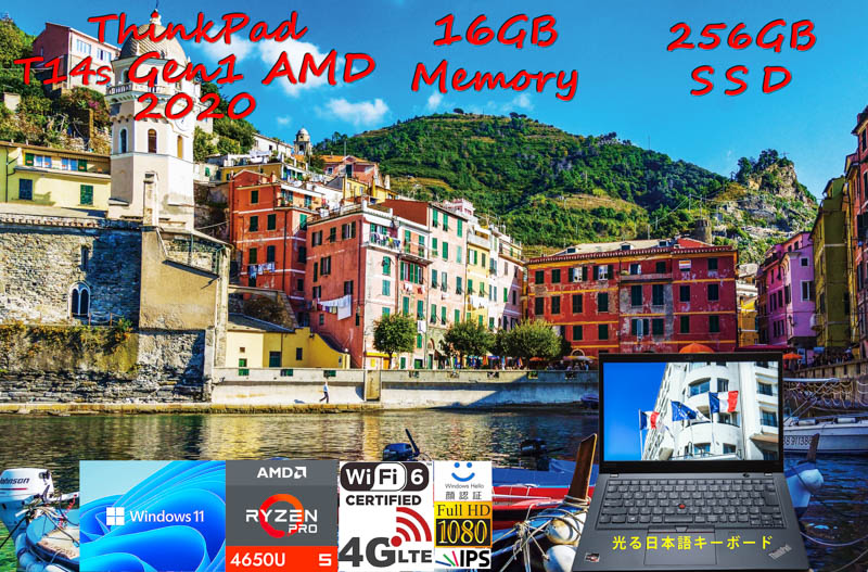 ThinkPad T14s Gen1 AMD Ryzen 5 PRO 4650U 16GB, 256GB SSD, 明るい fHD IPS, LTE SimFree, IR カメラ 顔 指紋 Bluetooth, Windows11/10
