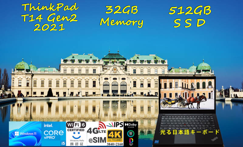 ThinkPad T14 Gen2 2021 i5-1145G7 32GB,  超高速 512GB SSD, 新品 4K UHD 非光沢, eSIM SimFree LTE WiFi 6 有線Lan, IR 顔 BT, Win11/10