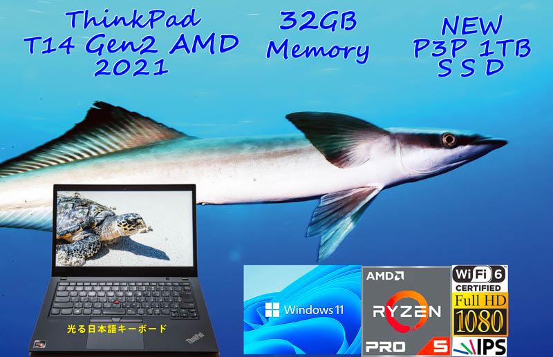 ThinkPad T14 Gen2 2021 Ryzen 5 PRO 5650U 32GB, 新品 P3P 1TB SSD, 明るい fHD IPS, WiFi 6 有線Lan, カメラ BT, Windows11/10
