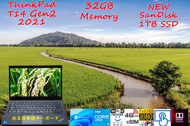 ThinkPad T14 Gen2 2021 i5-1145G7 32GB,新品 SanDisk 1TB SSD,明るい タッチ画面, eSIM+SimFree LTE WiFi 6 有線Lan, IR 顔 BT, Win11/10