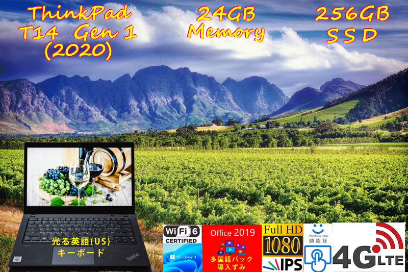 ThinkPad T14 Gen1 2020 i5-10310U 24GB, 256GB SSD, 明るいタッチfHD IPS, LTE SimFree, IR 顔 指紋 BT, US英語KB, 日米OfficeとWin11/10
