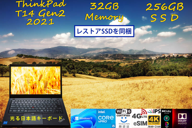 ThinkPad T14 Gen2 2021 i5-1145G7 32GB,  超高速 256GB SSD, 新品 4K UHD 非光沢, eSIM SimFree LTE WiFi 6 有線Lan, IR 顔 BT, Win11/10