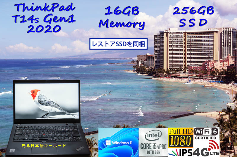 ThinkPad T14s Gen1 i5-10310U 16GB, 超高速 256GB SSD,400cd/m²明るく輝く fHD IPS,WiFi6 有線Lan LTE SimFree,カメラ 顔 指紋 BT, Win11