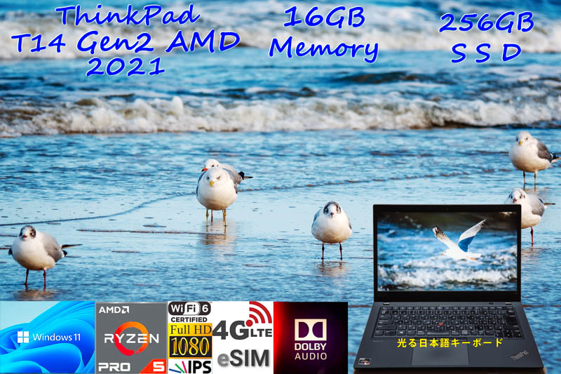 ThinkPad T14 Gen2 2021 Ryzen 5 PRO 5650U,16GB 256GB SSD, 明るい fHD IPS, eSIM+SimFree LTE WiFi6 有線Lan, カメラ 指紋 BT, Win11