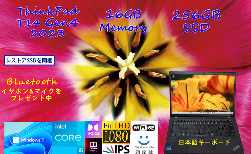 ThinkPad T14 Gen4 2023 Core i5-1335U 16GB, 256GB SSD, 明るい画面 fHD IPS,WiFi6E 有線Lan,Dolby Audio,IRカメラ 顔 新型指紋 BT,Win11