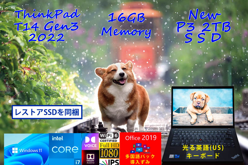 ThinkPad T14 Gen3 2022 Core i7-1270P 16GB 新品 P3 2TB,明るい画面 fHD,WiFi6E 有線Lan,指紋 カメラ BT,光るUS KB 日米両用OfficeとWin11