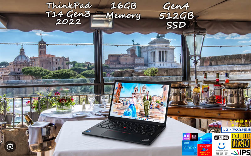 ThinkPad T14 Gen3 2022 Core i7-1270P 16GB,Gen4 512GB, sRGB100% 明るく輝く画面,WiFi6E 有線, IR 顔 指紋 BT, US KB 日米OfficeとWin11