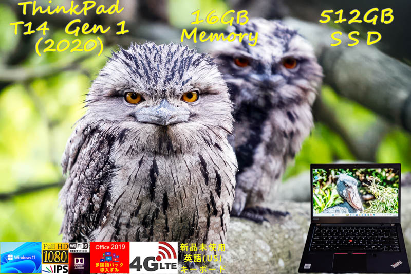 ThinkPad T14 Gen1 2020 i5-10210U 16GB 512GB, fHD IPS, SimFree LTE WiFi6 有線, カメラ BT, 新品US KB 日米バイリンガル OfficeとWin11