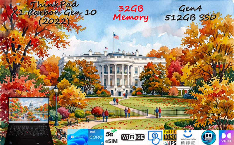 ThinkPad X1 Carbon Gen10 2022 i5-1245U 32GB,Gen4 512GB SSD, タッチ WUXGA, 5G/LTE eSIM+SimFree WiFi6E, IR 顔 指紋 BT,Win11